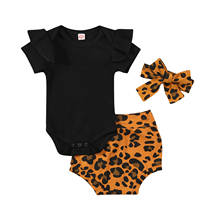Conjunto de três peças para bebês, macacão infantil de cor sólida com manga curta e bermuda com estampa de leopardo e faixa de cabelo para meninas 2024 - compre barato