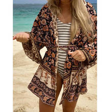 Teelolina cardigan feminino boho, blusa marrom com estampa floral, camisa para verão sexy de praia, estilo boêmio, raiom 2024 - compre barato