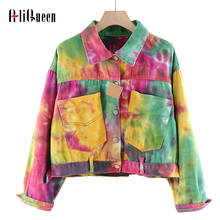 2020 Autumn Women Streetwear Short Coat Crop Top Tie-dye Printed Pockets Jean Jacket Outwear Female Single Button Loose Coats 2024 - buy cheap