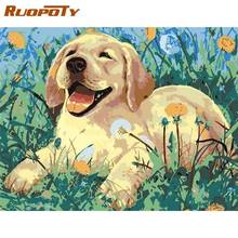 Ruopoty imagens de animais de cachorro amarelo por números, pintadas à mão em tela, decoração de casa, foto exclusiva de presente diy, 60x75cm 2024 - compre barato