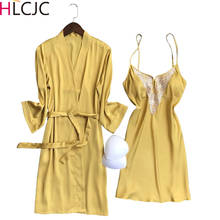 2020 Women Robe & Gown Sets Sexy Lace Silk Sleep Lounge Pijama Long Sleeve Ladies Nightwear Bathrobe Night Dress With Chest Pads 2024 - buy cheap