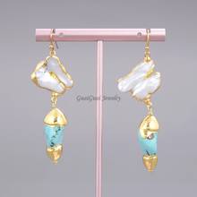 GG Jewelry White Biwa Pearl Blue Turquoise Stone Hook Earrings 2024 - buy cheap