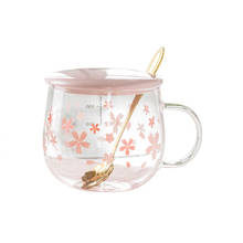 Taza de flor de cerezo para oficina, taza de café, cuchara, tapa de cerámica, resistente al calor, taza de té transparente para desayuno, leche, jugo 2024 - compra barato