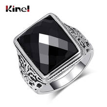 Kinel Hot Black Stone Men Rings Filled Silver Color Engraving Lucky Pattern Wedding Ring Vintage Jewelry Wholesale Drop Shipping 2024 - buy cheap
