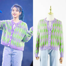 Kpop IU Lee Ji Eun-suéteres de mohair para mujer, ropa de calle cálida, cárdigan de manga larga, Jersey de punto, mismo color de empalme, Invierno 2024 - compra barato