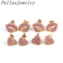 6Pairs, Lip Heart Stud-Earrings CZ Micro Pave Fashion Wedding Jewelry Romantic Gold Color for Girls Women Gift 2024 - buy cheap