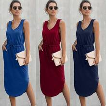 Sexy V Neck Sleeveless Knee Length Asymetrical Dress Summer Drawstring High Waist Loose Solid Sundress Shirt Party Long Dress 2024 - buy cheap