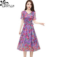 UHYTGF-vestido de verano de manga corta para mujer, ropa elegante de gasa con estampado vintage, estilo coreano, talla grande, 786 2024 - compra barato