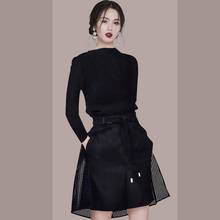 Autumn Office  Two Piece Set Women Fashion Design Black Knitting Top + Belted Hight Waist Patchwork Mini Skirt Suit 2024 - buy cheap