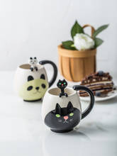 Caneca de cerâmica com desenho animado, xícara de café bonito de cerâmica com estampa de animal criativo caneca de leite caseiro caneca de casal simples com colher 2024 - compre barato