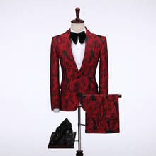 New Brand Groom Tuxedo Suit 2020 Custom Made Red Floral Men Suits Terno Slim Fit Peaked Lapel Groomsmen Men Wedding Prom Suits 2024 - buy cheap