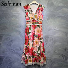 Seifrmann New 2021 Summer Women Fashion Runway Party Maxi Dress Sexy V-Neck Ruffles Lace High Waist Print Ladies A-Line Dresses 2024 - buy cheap