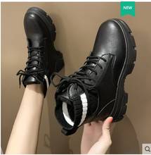 Botas de tornozelo para mulher 2020 botas de outono sapatos de plataforma de salto grosso mulher deslizamento em dedo do pé redondo moda botas de menina 2024 - compre barato