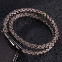 Retro Gray Double Layer Braided Leather Bracelet Men Women Stainless Steel Snaps Unisex Fashion Jewelry Accessories Gifts ST0487 2024 - buy cheap