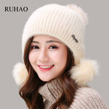 RUHAO Women Winter Fashion Beanies Sweet Cute Hedging Cap Rabbit Plush Hats Velvet Wool Hat Youth Hair Ball Caps Warm Knit Hat 2024 - buy cheap