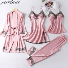 Jerrinut 4 Pieces Women Pajamas Sets Ice Silk Pajamas Sleepwear Sets Elegan Sexy Lace Fashion Spring Autumn Homewear Robe Sets 2024 - buy cheap