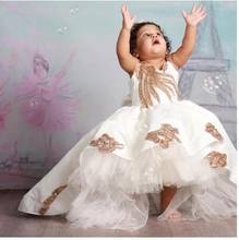 Lantejoulas douradas brilhantes hi lo, vestido floral de menina para bebês crianças pequenas festa de aniversário de noite com cauda longa 2024 - compre barato