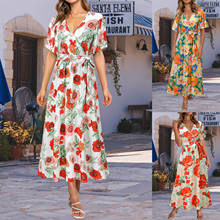 Maxivestido Vintage con estampado Floral para mujer, ropa informal de cintura alta, Bohemia, para playa, Verano 2024 - compra barato