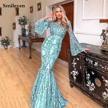 Smileven-vestido de noche Formal de sirena de lujo, manga acampanada, apliques de encaje, vestidos de fiesta con cuentas de Dubai, vestido de graduación de talla grande 2024 - compra barato