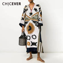 CHICEVER-vestido de estilo bohemio para mujer, ropa holgada con cuello de pico y manga de tres cuartos, con estampado de talla grande, de Color, 2021 2024 - compra barato