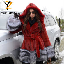 Casaco de pele real de luxo, casaco feminino com capuz, jaqueta de pele inteira de vison, inverno feminino, mangas de pele de raposa natural, bainha de 80cm, casaco vermelho e fashion 2024 - compre barato
