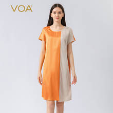 VOA сатин 19 мм золотой шелк круглый вырез плечо-короткий рукав жаккард сшивание Свободный пуловер женские платья A87 2024 - купить недорого