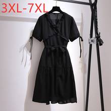 New 2021 Ladies Summer Plus Size Dresses For Women Large Short Sleeve Loose Black Ruffle Belt Midi Dress 3XL 4XL 5XL 6XL 7XL 2024 - buy cheap