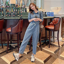 2021 Summer Denim Jumpsuit for Women Slim Casual Vintage Elegant Short Sleeve Lapel One Piece Straight Jeans Set Overalls Romper 2024 - buy cheap