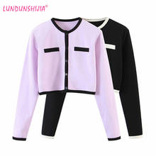 LUNDUNSHIJIA 2021 Spring Women Elegant Cardigan Black Purple Patchwork Colors Knitting Sweaters Fashion Female Short Cardigan 2024 - buy cheap