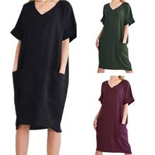 40# Women's Ladies Summer Casualdress Loose Solid V-neck dress Short Sleeve Pocket knee length Dress пляжное платье Roupas 2024 - buy cheap