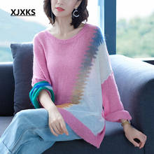 XJXKS Knitted Free size Sweater Women Loose Pink Patchwork Thin O-Neck Pullover Jumpers Stylish Spring Autumn Female Tops 2024 - buy cheap