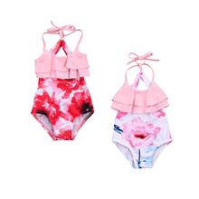 Bañador con estampado Floral para niños y niñas, traje de baño con cuello doble con volantes, sin mangas, estilo Halter, 2 patrones, 12m-5 años, novedad de 2020 2024 - compra barato