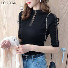 Sexy Hollow Slim Knitted Pullovers Women Fashion Solid Half Sleeve Thin Sweaters Elegant Ladies Turtleneck Underwear Tops Winter 2024 - buy cheap