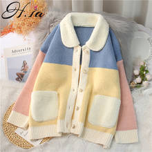 H.SA 2020 Women Winter Sweater Coats Thick Warm Fleeced Knit Long Jackets Colorful Pockets Patchwork Turn Down Collar Cardigans 2024 - buy cheap