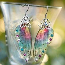 Pendientes de fantasía de Color neón con diamantes de imitación y alas de Cicada, aretes largos con degradado de mariposa, lentejuelas, rosa y azul 2024 - compra barato