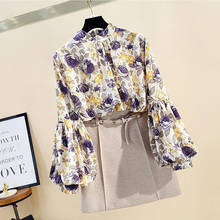 Blusa feminina florida, nova blusa de verão 2021, com mangas lanterna, gola redonda, solta, elegante, feminina, roupa externa, tops 2024 - compre barato