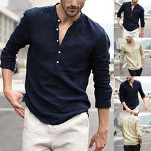Мужская винтажная однотонная льняная рубашка на пуговицах с длинным рукавом, ретро Гавайские Рубашки, Топы, блузки S-2XL размера плюс chemise homme рубашка 2024 - купить недорого