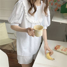 O pescoço babados kawaii verão pijamas definir mulheres kawaii coreano casa terno casual algodão solto roupas de casa macio homewear 2024 - compre barato