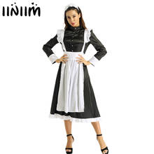 iiniim Women Adult Maid Cosplay Costume Outfit Clubwear Female Front Button Down Long Maxi Fancy Dress with Apron and Headpiece 2024 - buy cheap