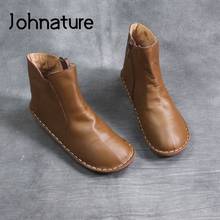 Johnature-Botines de piel auténtica con cremallera y punta redonda para mujer, botas planas con plataforma de ocio hechas a mano, novedad de 2021 2024 - compra barato