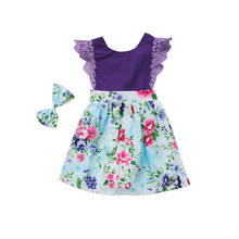 Летнее кружевное платье с цветочным рисунком для новорожденных девочек милый Фиолетовый сарафан без рукавов + повязка на голову, повседневная одежда для маленьких девочек, От 1 до 6 лет 2024 - купить недорого