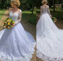 Elegant Boat Neck Wedding Dress Long Sleeves Lace Up Back Tulle Lace Applique Ball Gown Wedding Dresses Vestido De Noiva 2024 - buy cheap