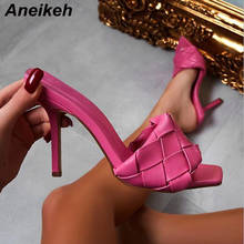 Aneikeh 2021 Summer New Design PU Leather Mules Shoes Women Gladiator Square Toe Heels High Slip On Slippers Slide Size 35-41 2024 - buy cheap