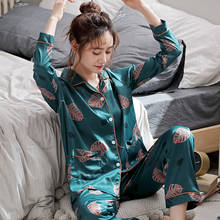 Pijama feminino cetim estampa folhas manga comprida, conjunto pijama duas peças 2024 - compre barato