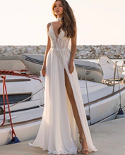 Boho Wedding Dress A-Line V-Neck Spaghetti Straps Side Slit Lace Appliques  Sexy Bride Gown Backless Floor Length Sweep Train 2024 - buy cheap