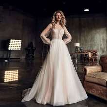 Thinyfull Elegant Pearls Long Puffy Sleeve Wedding Dresses Sheer Scoop Neck A Line Bride Dresses Tulle Button Vestido De Novia 2024 - buy cheap