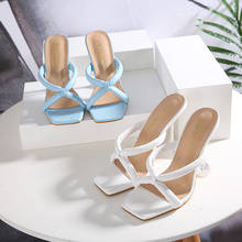 KM-ROYA 2021 novas senhoras sapatos slides cross-amarrado sandálias femininas de cristal transparente salto alto bombas mulher chinelos 2024 - compre barato