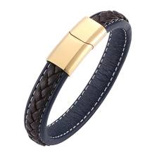 Pulseira de couro masculina, pulseira de couro marrom, azul, fecho magnético de aço inoxidável dourado, punk, moda masculina sp0211 2024 - compre barato