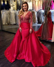 Luxury 2020 Red Satin Mermaid Overskirts Evening Dresses with Sweep Train Turkey Lace Long Sleeve Backless V Neck Prom Gowns 2024 - buy cheap
