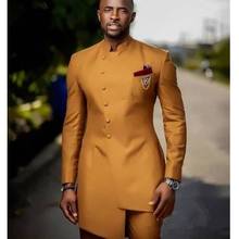 African Golden Satin Slim Fit Men Suits Wedding Groom Tuxedos Bridegroom Suits Front Button Best Man Prom Blazer Jacket+Pant 2024 - buy cheap